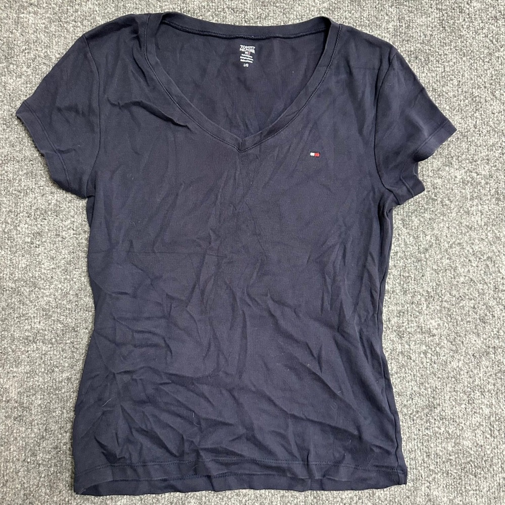 Tommy Hilfiger T-Shirt Womens Size L Navy Blue V-Neck Cotton Short Sleeve Logo